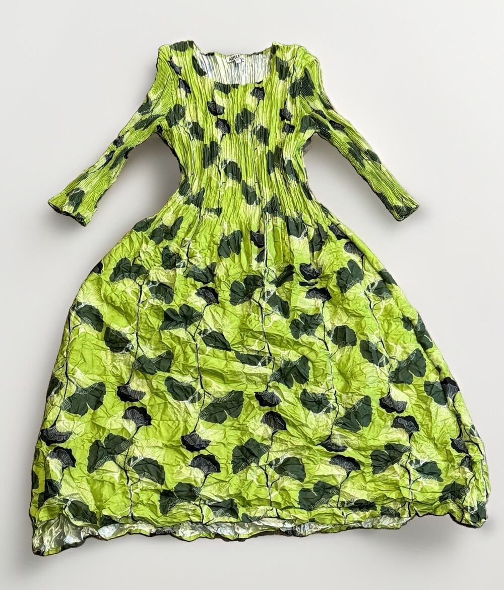 Alquema Women’s 3/4 Sleeve Floral Crinkle Dress Green Size 1 US Sz 8